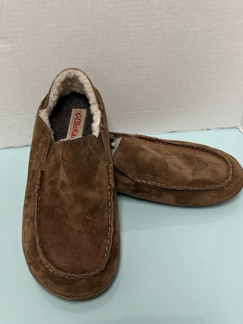 OluKai Men’s Brown Suede Shearling-Lined Slip-On Loafers